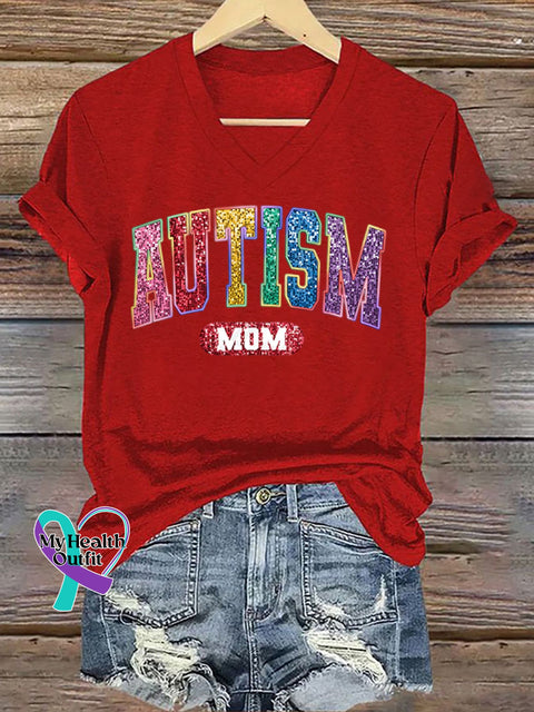 Women’s Autism Mom Printed Short-Sleeved T-Shirt Red / S