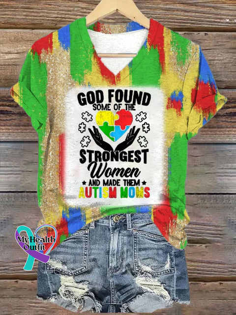 Women’s AUTISM MOMS Geometric Color Puzzle Print V-Neck T-Shirt As shown / S