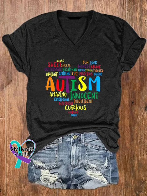 Women’s Autism Print V-Neck T-Shirt Black / S