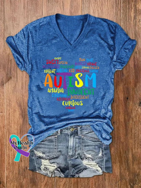 Women’s Autism Print V-Neck T-Shirt Blue / S