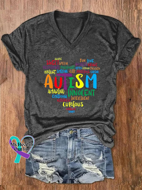Women’s Autism Print V-Neck T-Shirt Dark Grey / S