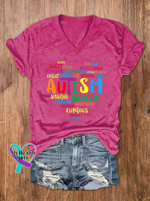 Women’s Autism Print V-Neck T-Shirt Fuchsia / S