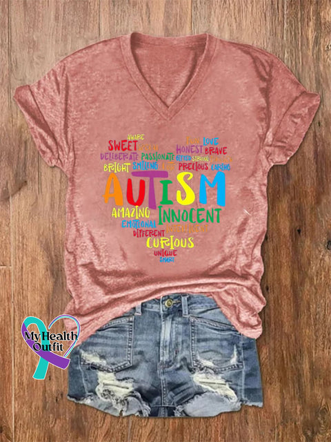 Women’s Autism Print V-Neck T-Shirt Pink / S