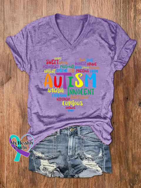 Women’s Autism Print V-Neck T-Shirt Purple / S