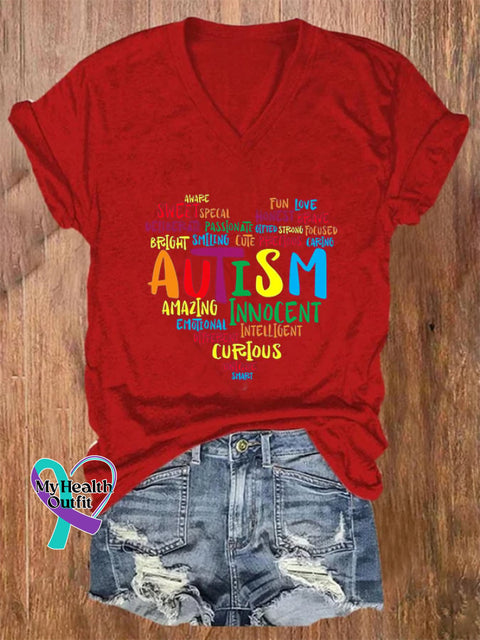 Women’s Autism Print V-Neck T-Shirt Red / S