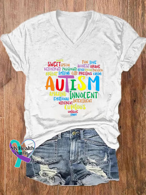 Women’s Autism Print V-Neck T-Shirt White / S