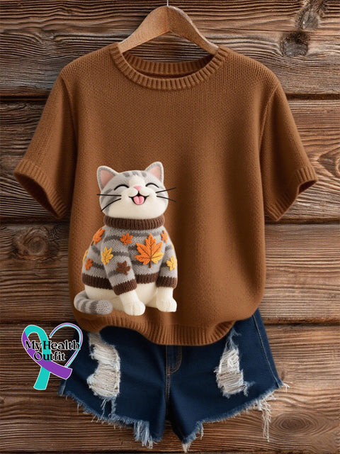 Women’s Autumn Cat Art Print O-Neck Short Sleeve T-shirt Brown / S