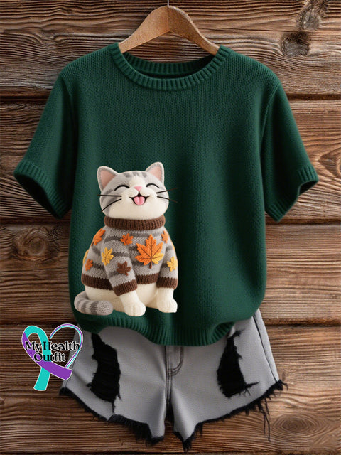 Women’s Autumn Cat Art Print O-Neck Short Sleeve T-shirt Dark Green / S
