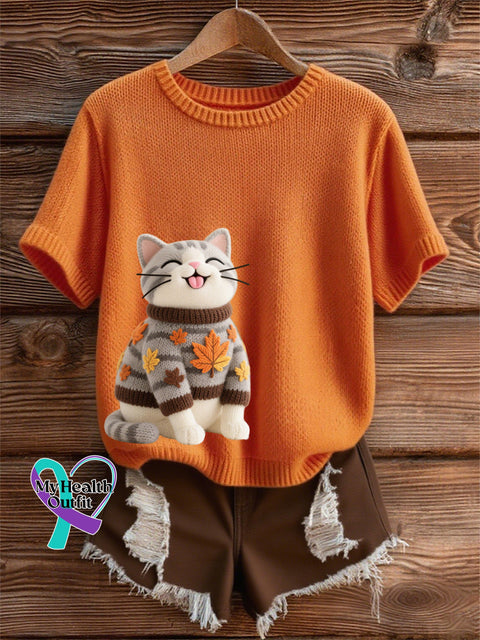 Women’s Autumn Cat Art Print O-Neck Short Sleeve T-shirt Orange / S