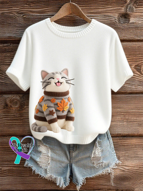 Women’s Autumn Cat Art Print O-Neck Short Sleeve T-shirt White / S
