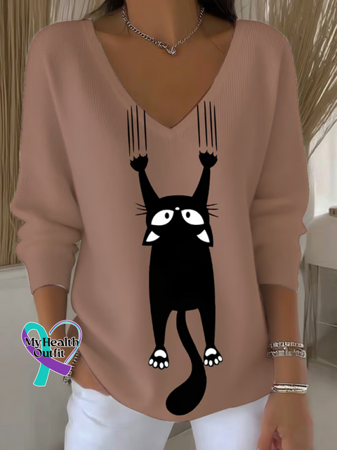 Women’s Autumn Cat Casual Pullover Sweater Brown / S