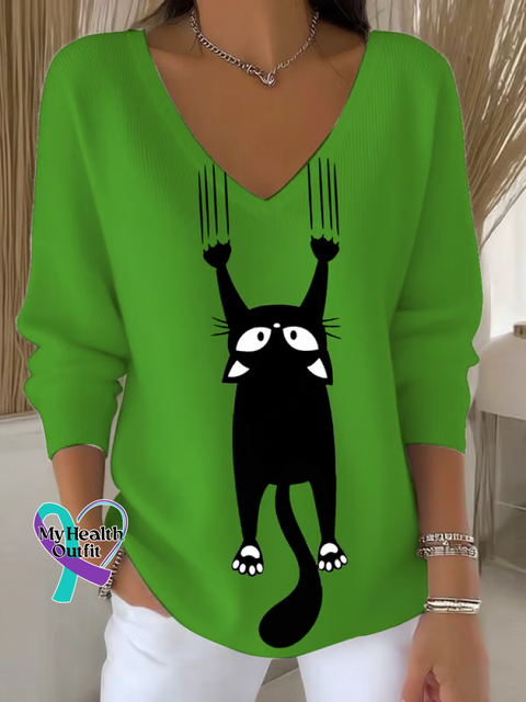 Women’s Autumn Cat Casual Pullover Sweater Green / S