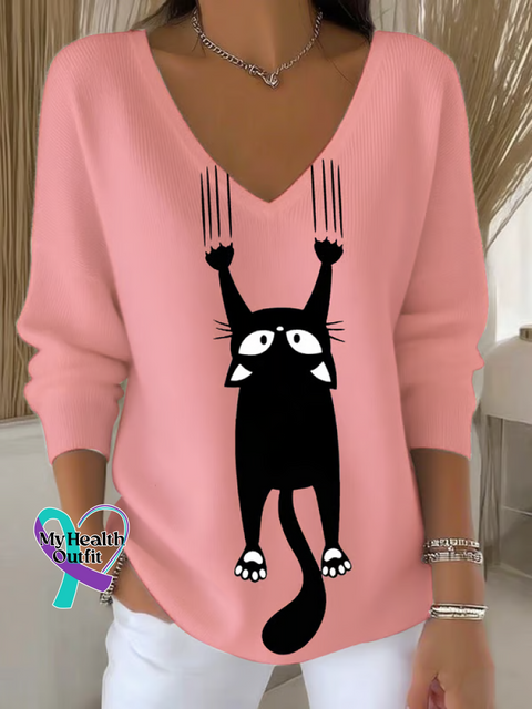 Women’s Autumn Cat Casual Pullover Sweater LightPink / S