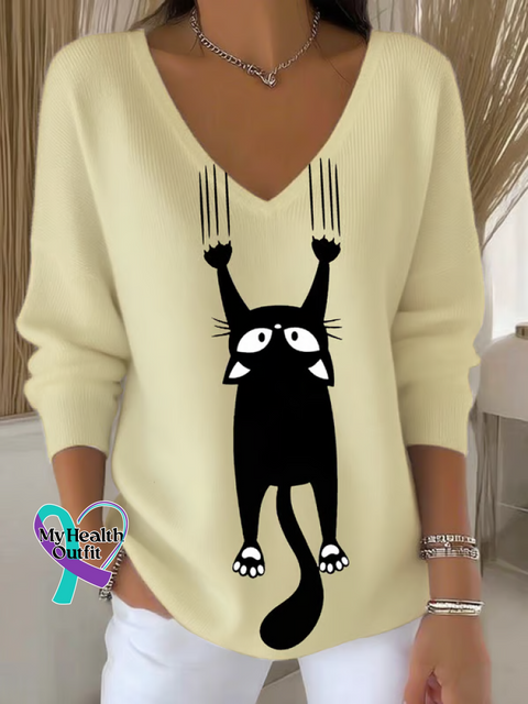 Women’s Autumn Cat Casual Pullover Sweater Sand / S