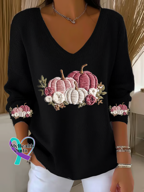 Women’s Autumn Pink Pumpkin Breast Cancer Awareness Casual Pullover Sweater Black / S