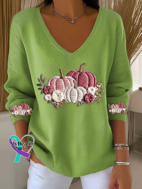 Women’s Autumn Pink Pumpkin Breast Cancer Awareness Casual Pullover Sweater Green / S