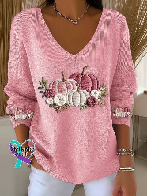 Women’s Autumn Pink Pumpkin Breast Cancer Awareness Casual Pullover Sweater LightPink / S