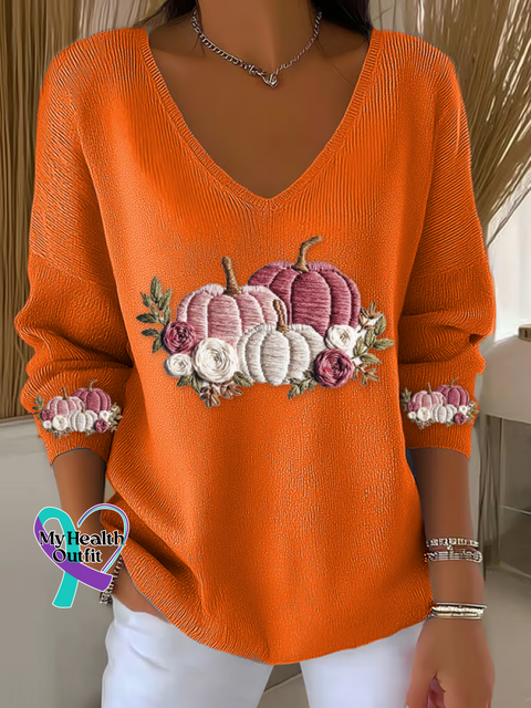 Women’s Autumn Pink Pumpkin Breast Cancer Awareness Casual Pullover Sweater Orange / S