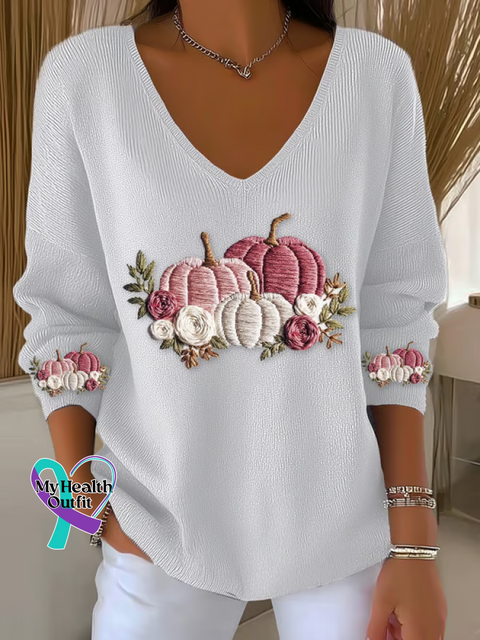 Women’s Autumn Pink Pumpkin Breast Cancer Awareness Casual Pullover Sweater White / S