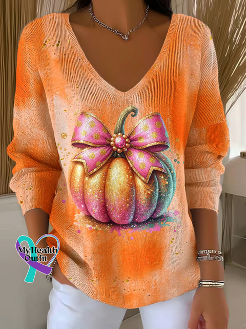 Women’s Autumn Pumpkin Breast Cancer Awareness Casual Pullover Sweater Orange / S