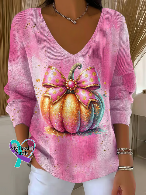 Women’s Autumn Pumpkin Breast Cancer Awareness Casual Pullover Sweater Pink / S