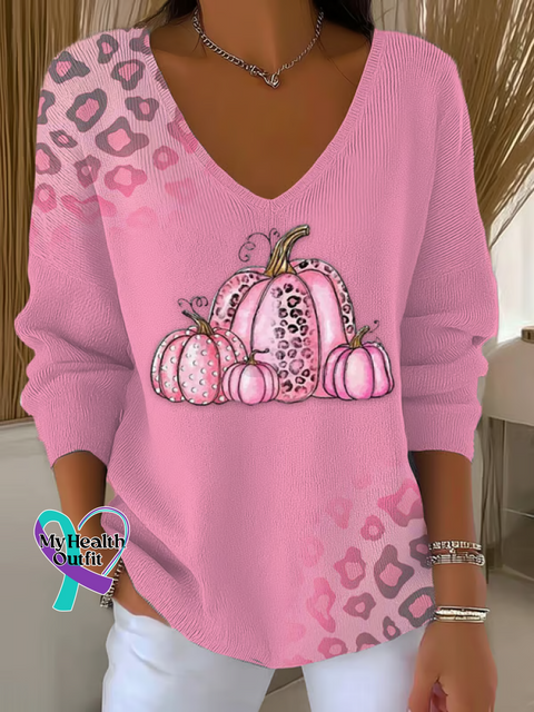 Women’s Autumn Pumpkin Breast Cancer Awareness Leopard Print Casual Pullover Sweater LightPink / S