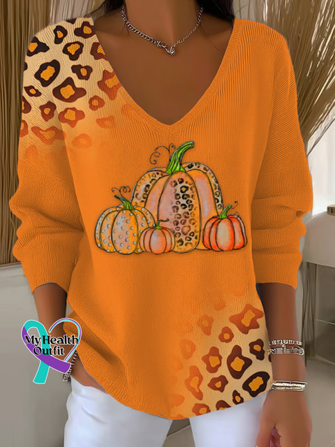 Women’s Autumn Pumpkin Breast Cancer Awareness Leopard Print Casual Pullover Sweater Orange / S