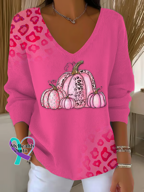 Women’s Autumn Pumpkin Breast Cancer Awareness Leopard Print Casual Pullover Sweater Pink / S