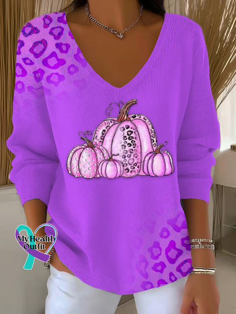 Women’s Autumn Pumpkin Breast Cancer Awareness Leopard Print Casual Pullover Sweater Purple / S