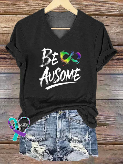 Women’s BE AUSOME V-neck Casual T-Shirt Black / S
