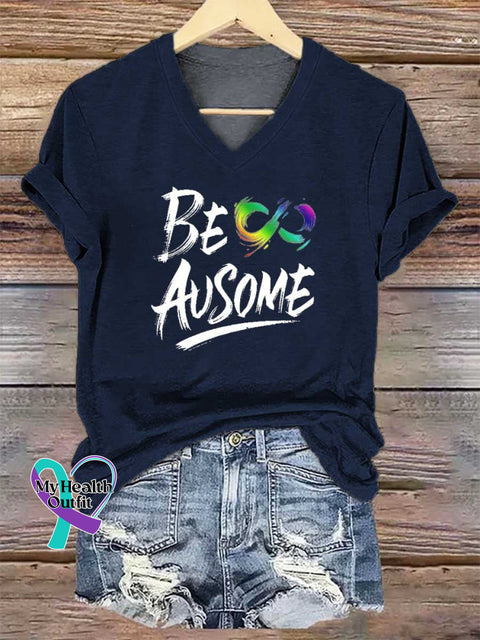 Women’s BE AUSOME V-neck Casual T-Shirt Blue / S
