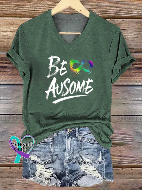 Women’s BE AUSOME V-neck Casual T-Shirt Green / S