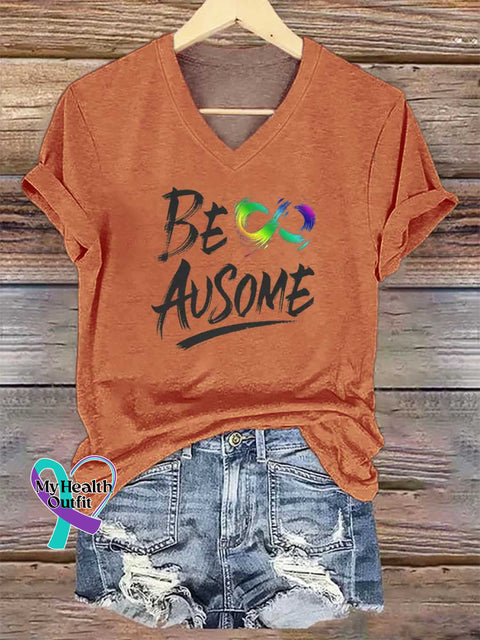 Women’s BE AUSOME V-neck Casual T-Shirt Orange / S