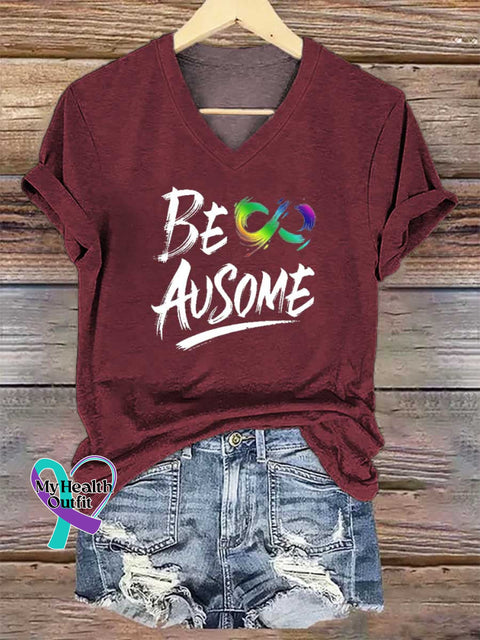 Women’s BE AUSOME V-neck Casual T-Shirt Red / S