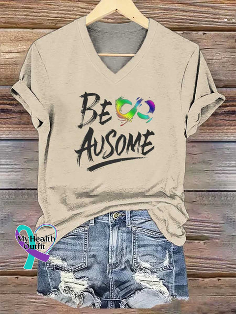 Women’s BE AUSOME V-neck Casual T-Shirt Sand / S