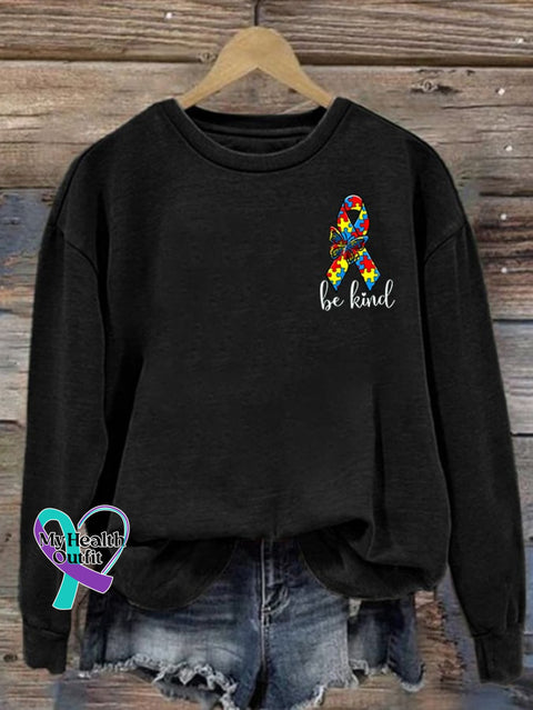 Women’s Be Kind Autism Ribbon Print Casual Sweatshirt Black / S