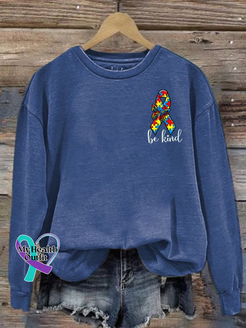 Women’s Be Kind Autism Ribbon Print Casual Sweatshirt Blue / S