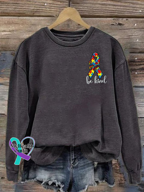 Women’s Be Kind Autism Ribbon Print Casual Sweatshirt Dark Grey / S