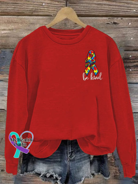 Women’s Be Kind Autism Ribbon Print Casual Sweatshirt Red / S