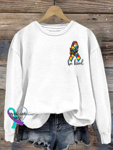Women’s Be Kind Autism Ribbon Print Casual Sweatshirt White / S