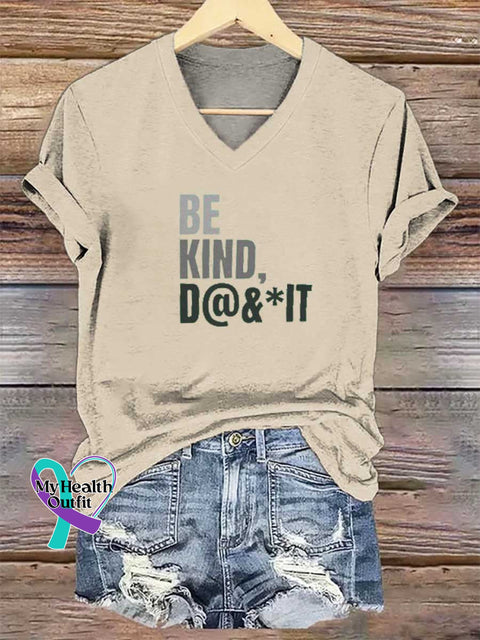 Women’s BE KIND D@&*IT V-neck Casual T-Shirt Sand / S