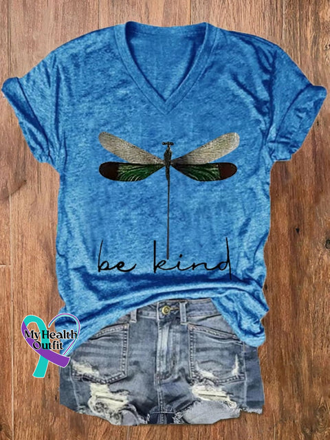 Women’s Be Kind Dragonfly Casual V-Neck Tee Blue / S