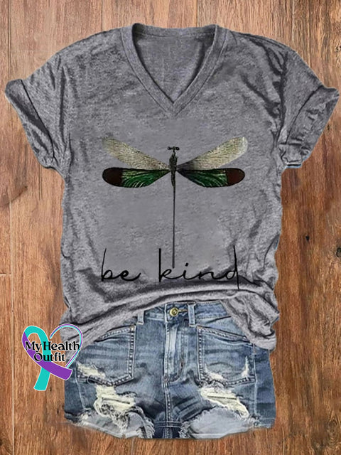 Women’s Be Kind Dragonfly Casual V-Neck Tee Light Grey / S