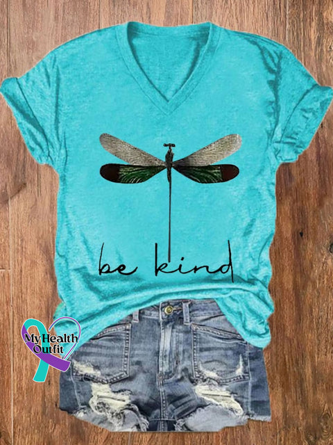 Women’s Be Kind Dragonfly Casual V-Neck Tee Water Blue / S