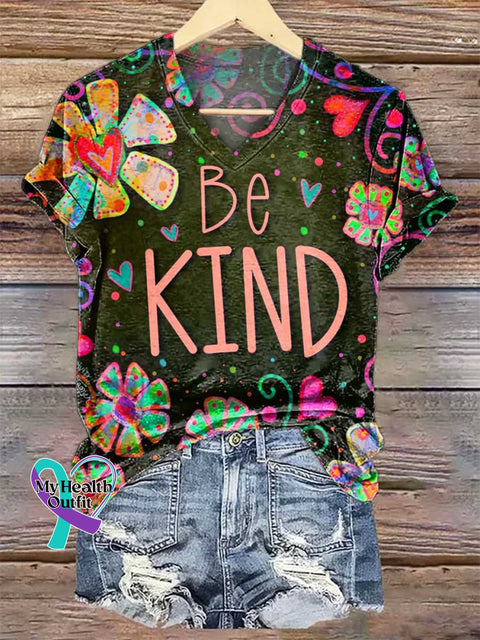 Women’s Be Kind Floral V-neck Casual T-Shirt Multicolor / S
