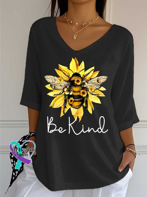 Women’s Be Kind Flower Bee Print Casual Cotton V-neck Shirt Black / S