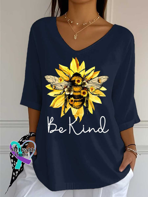 Women’s Be Kind Flower Bee Print Casual Cotton V-neck Shirt Blue / S