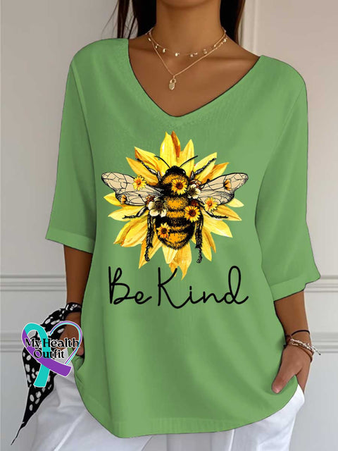 Women’s Be Kind Flower Bee Print Casual Cotton V-neck Shirt Green / S
