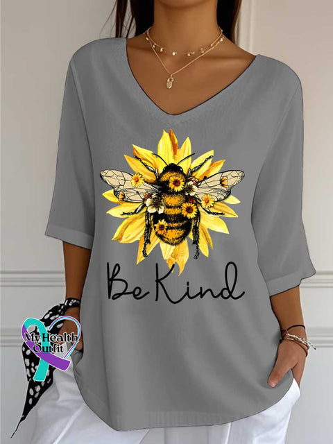 Women’s Be Kind Flower Bee Print Casual Cotton V-neck Shirt Grey / S