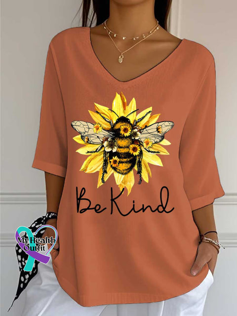 Women’s Be Kind Flower Bee Print Casual Cotton V-neck Shirt Orange / S